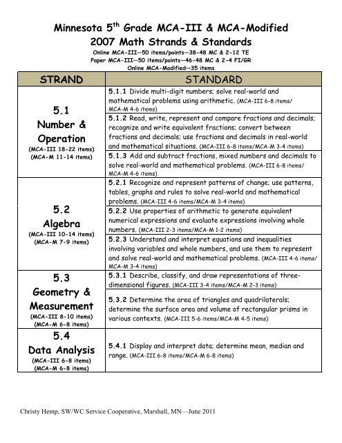 Minnesota 5th Grade MCA-III &amp; MCA-Modified 2007 Math Strands ...