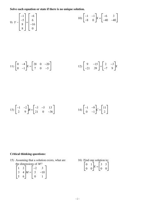 Matrix Equations 2 - Kuta Software