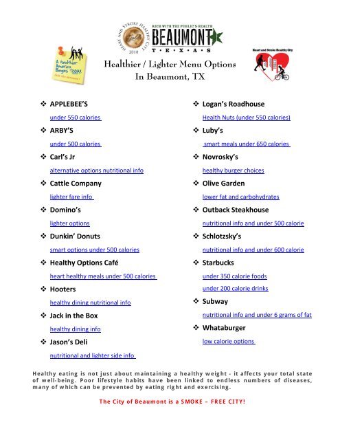 Healthier Lighter Menu Options In Beaumont Tx City Of Beaumont