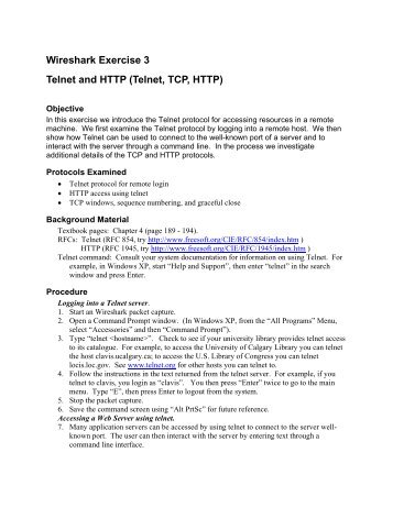Wireshark Exercise 3 Telnet and HTTP (Telnet, TCP, HTTP)