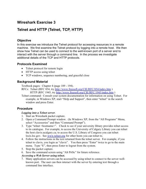 Wireshark Exercise 3 Telnet and HTTP (Telnet, TCP, HTTP)