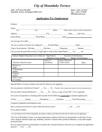 Employment Application Form - City of Mountlake Terrace