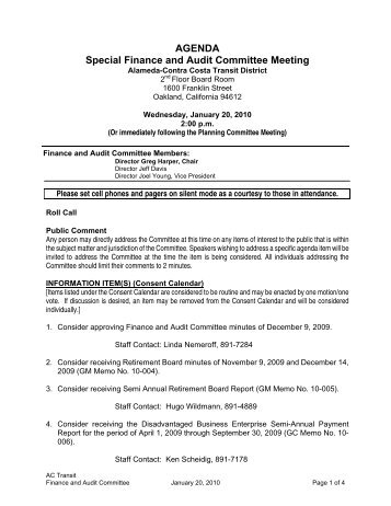 AGENDA Special Finance and Audit Committee Meeting - AC Transit