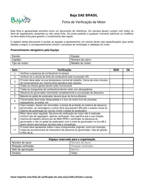 Baja SAE BRASIL Ficha de VerificaÃ§Ã£o de Motor