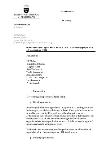 Minnesanteckningar UHR:s ledningsgrupp 12 september 2012