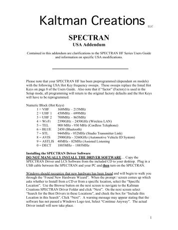 USA HF Series Adendum to Manual - Kaltman Creations LLC