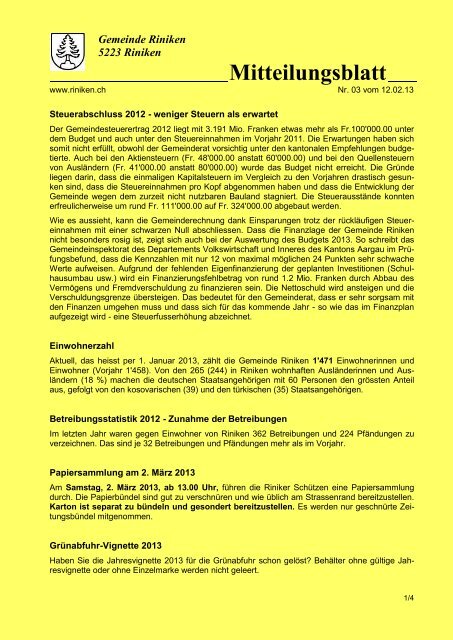 Mitteilungsblatt Nr. 03 vom 12.02.2013 - Gemeinde Riniken