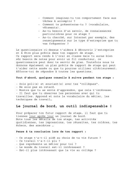 Questionnaire d'investigation préliminaire au stage en entreprise