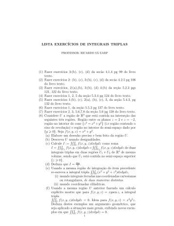 LISTA EXERCÃCIOS DE INTEGRAIS TRIPLAS (1) Fazer exercÄ±cios 3 ...