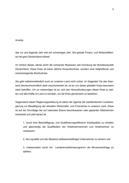 Regierungserklärung von Ministerpräsident Peter Müller - Saarland