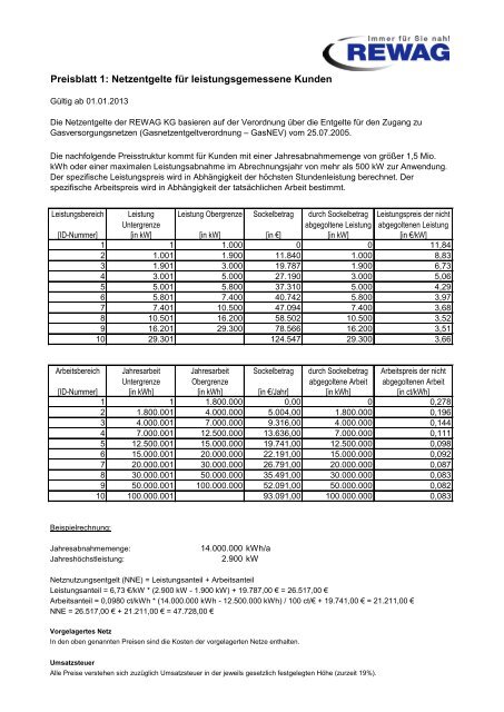 Preisblatt 1: Netzentgelte fÃ¼r leistungsgemessene Kunden - Rewag