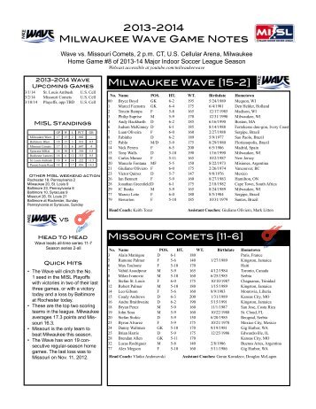 2013-2014 MKE Wave Game Notes vs. Missouri Comets Sunday, February 23rd