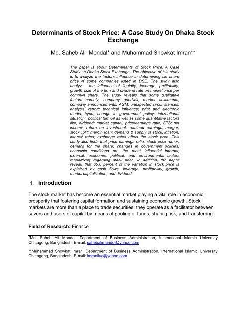 Determinants of Stock Price A Case Study On Dhaka Stock Exchange