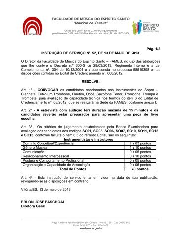 instrução de serviço nº. 52- 2013 - ed. cred. 08-2012 - Fames