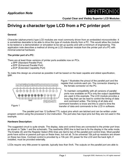 Driving a character type LCD from a PC printer port - Hantronix, Inc