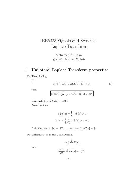 EE5323 Signals and Systems Laplace Transform