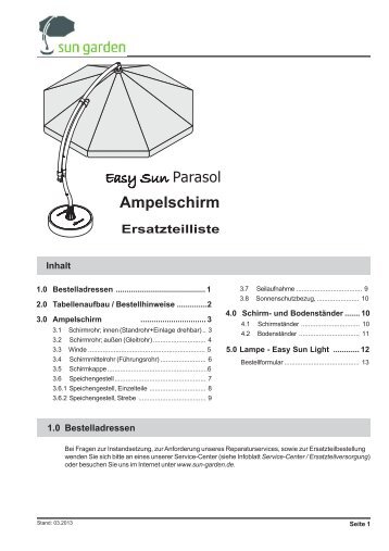 Ersatzteilliste Ampelschirm - SUN GARDEN GmbH