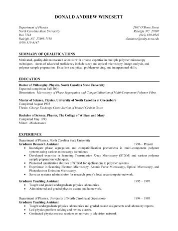 Donald Winesett Resume - Physics - North Carolina State University