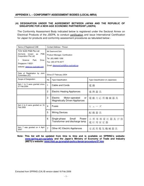 APPENDIX L â CONFORMITY ASSESSMENT BODIES ... - Spring