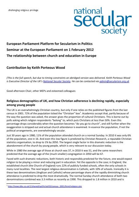 European Parliament Platform for Secularism in Politics Seminar at ...
