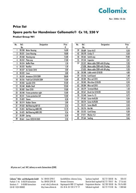 Price List Spare Parts For Handmixer Collomatic Cx 10 Collomix