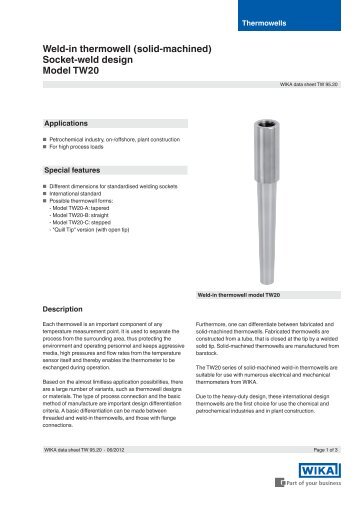 Weld-in thermowell (solid-machined) Socket-weld design Model TW20