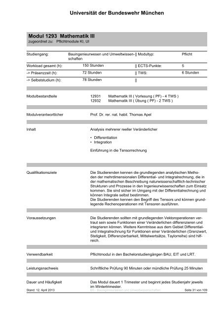 Universität der Bundeswehr München Modul 1291 Mathematik I