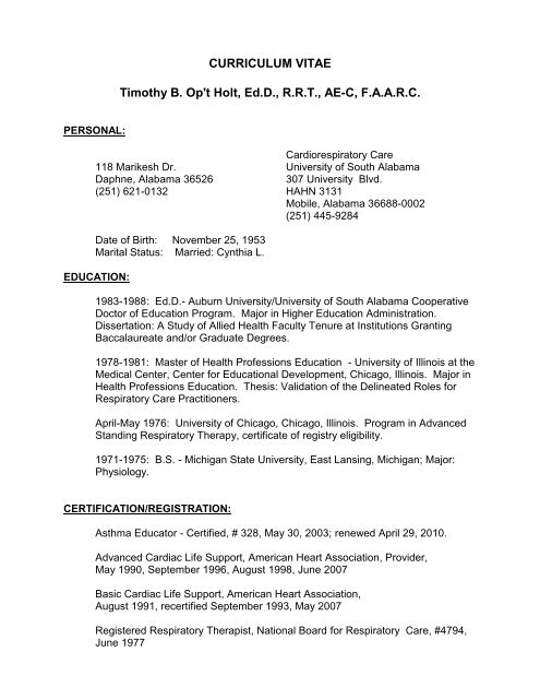 Curriculum Vitae Timothy B Op T Holt Ed D Rrt Ae C Faarc Curriculum Vitae Timothy B Op T Holt Ed D Rrt Ae C Faarc