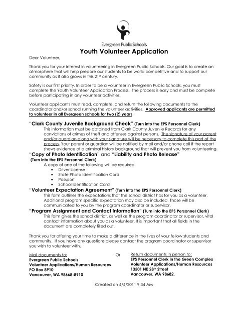 Youth Volunteer Application - Evergreen Public Schools