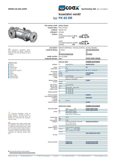 typ koaxiální ventil FK 65 DR - müller co-ax ag