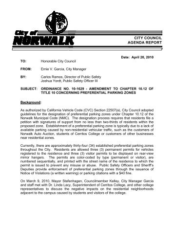 ordinance no. 10-1629 â preferential parking - City of Norwalk