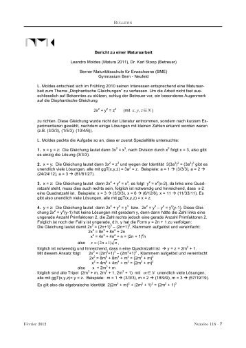 Bericht zu einer Maturaarbeit: Diophantische Gleichungen - VSMP