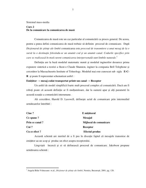 1 Sistemul mass-media Curs 2 De la comunicare la comunicarea de ...