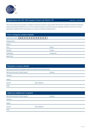 Application for GS1 UK Coupon Issuer List (Form 1T) Your company ...