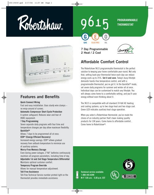 9615 Programmable Robertshaw Thermostats