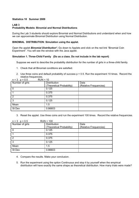 Lab 3 Binomial and Normal Distributions - UCLA Statistics