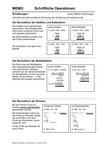 MEMO Schriftliche Operationen