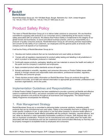 Product Safety Policy - Reckitt Benckiser