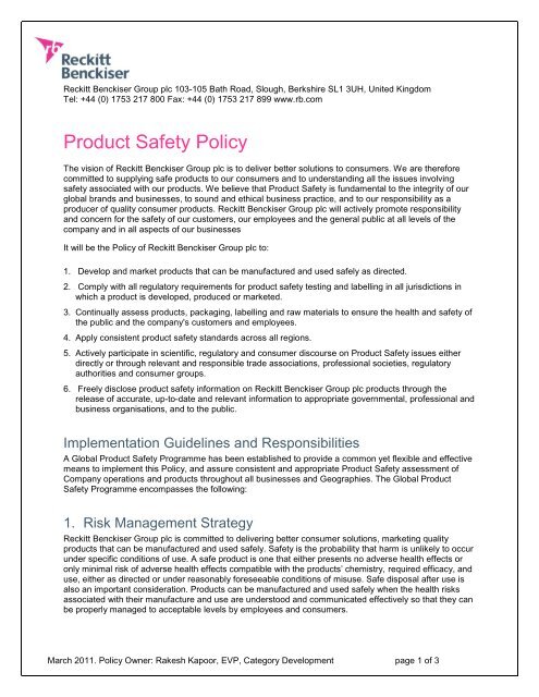 Product Safety Policy - Reckitt Benckiser