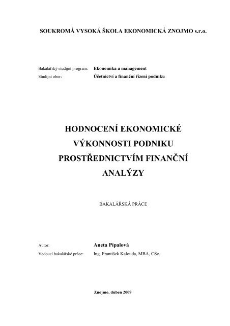 Hodnocení ekonomické výkonnosti podniku prostřednictvím finanční ...