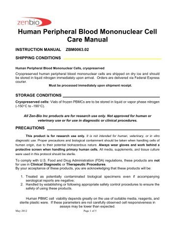 Human Peripheral Blood Mononuclear Cell Care ... - Zen-Bio Inc.