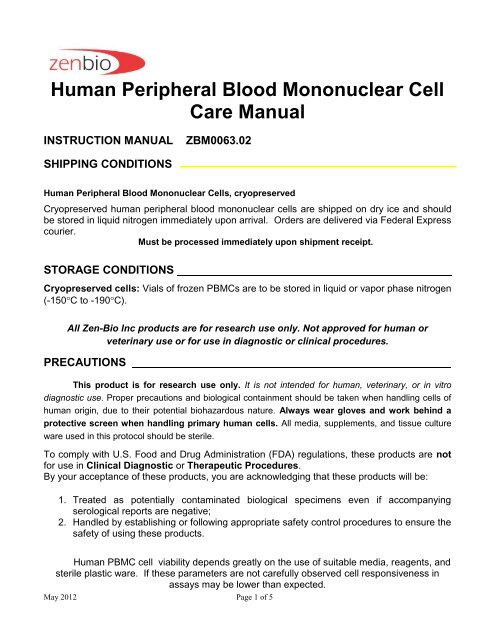 Human Peripheral Blood Mononuclear Cell Care ... - Zen-Bio Inc.