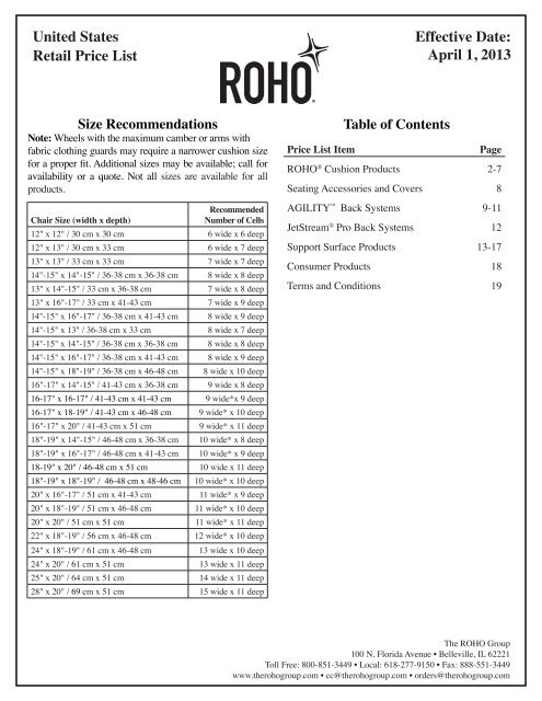 Roho Size Chart