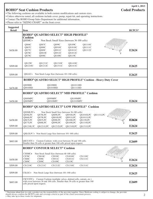 Roho Cushion Size Chart