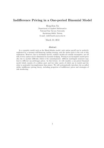 Indifference Pricing in a One-period Binomial Model - City University ...