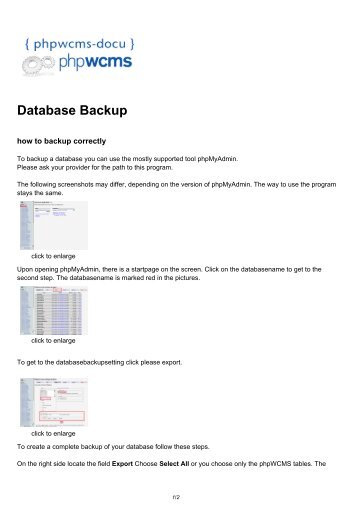 Database backup | Database Backup - phpwcms-docu for phpwcms