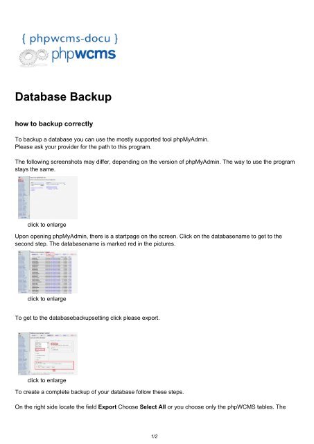 Database backup | Database Backup - phpwcms-docu for phpwcms