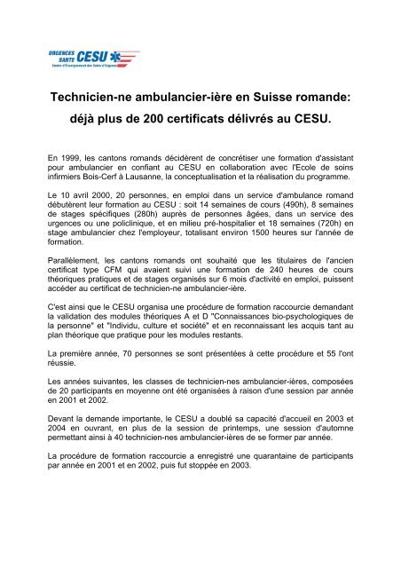 Formation De Technicien Ambulancier Swissrescue