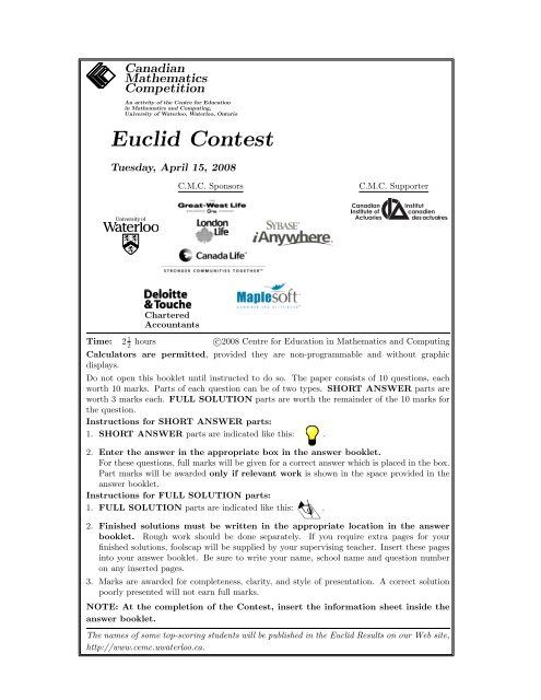 Euclid Contest 2008 - CEMC - University of Waterloo