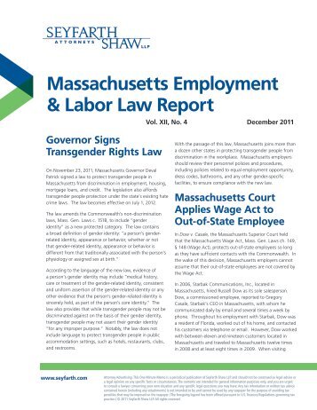 Massachusetts Employment & Labor Law Report - Seyfarth Shaw LLP